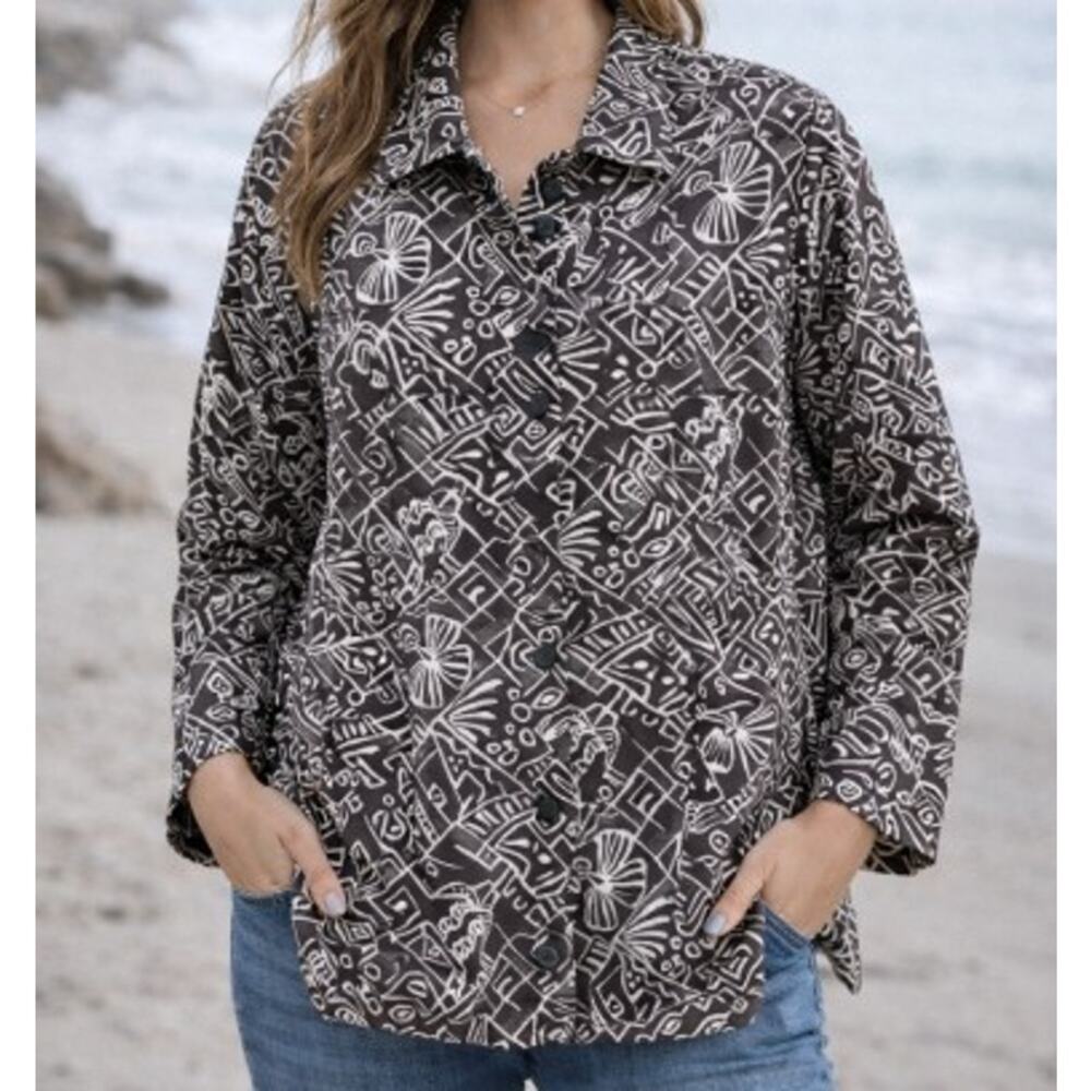Chicos Shirt Jacket Brown Silk Rayon Aztec Print Resort Wear Artsy Boho Size XL